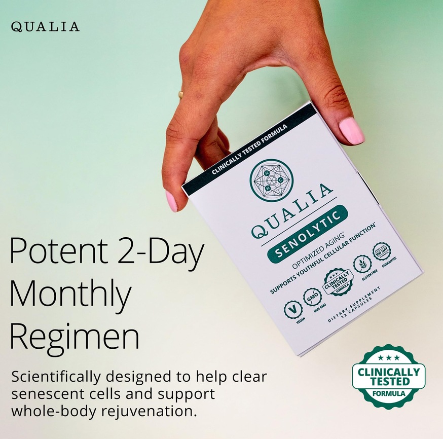Qualia Senolytic supplement box held in hand