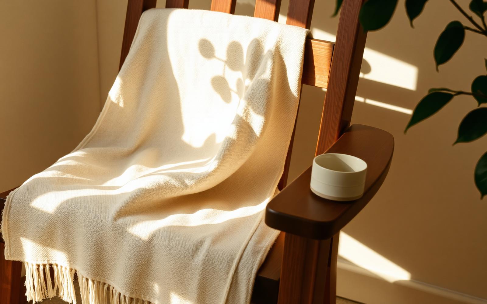 Morning light across a linen throw on a wooden porch chair beside a ceramic cup