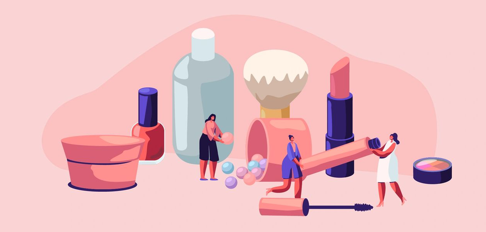 A soft pink illustration of oversized beauty products—nail polish, lipstick, powder, and brushes—with small figures among them