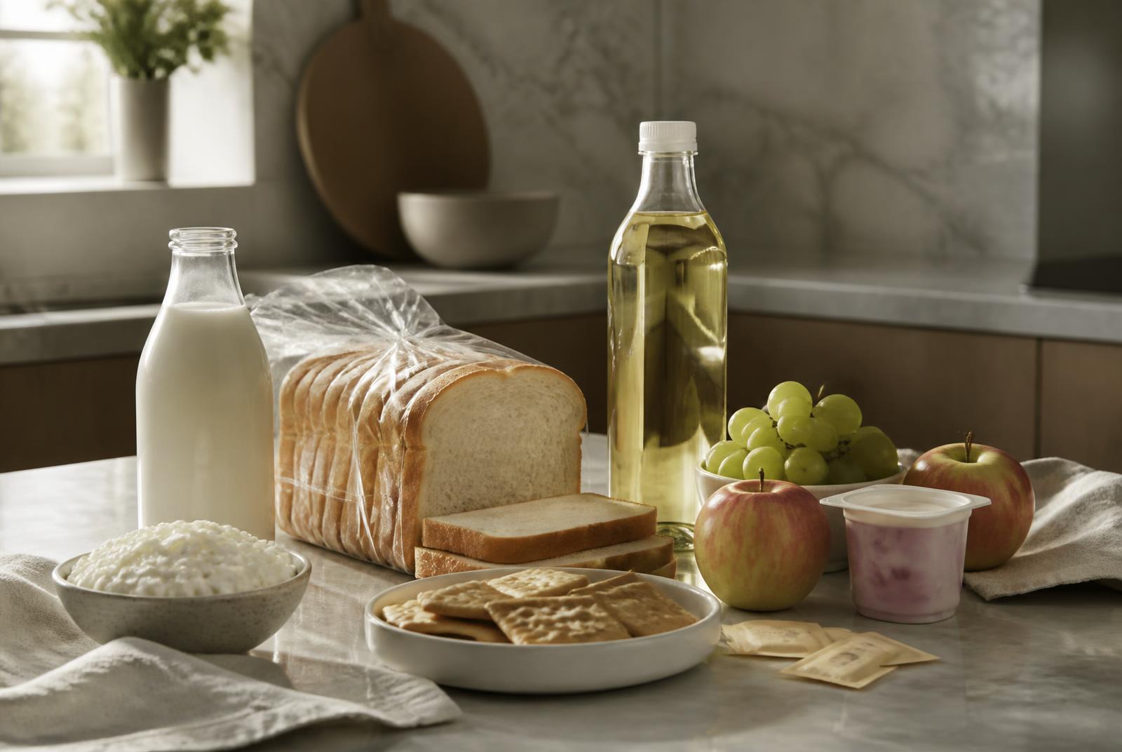 An editorial flat-lay of everyday foods—milk, olive oil, bread, sugar, strawberries, spinach, and seeds—on cream linen